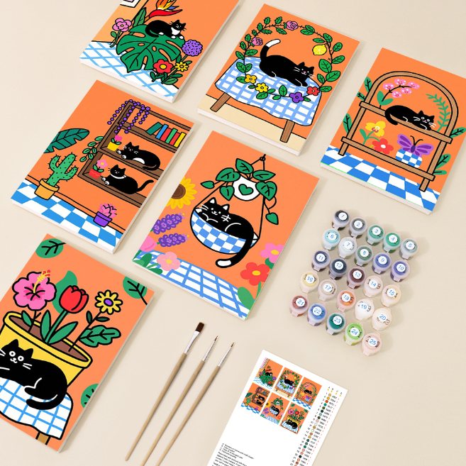 6 Mini Paintings - Black Cat Set