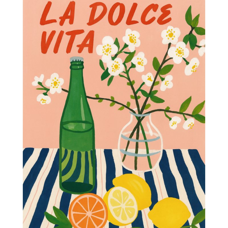 Illustration of a green bottle, flowers, lemons, and oranges on a striped tablecloth with 'La Dolce Vita' text.