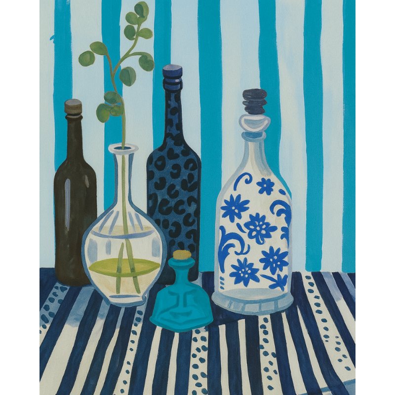 Decorative painting of bottles and a vase on a striped background