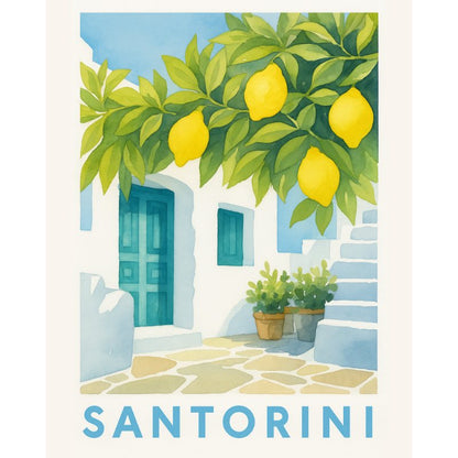 Illustration of a lemon tree with lemons over a traditional Santorini doorway.