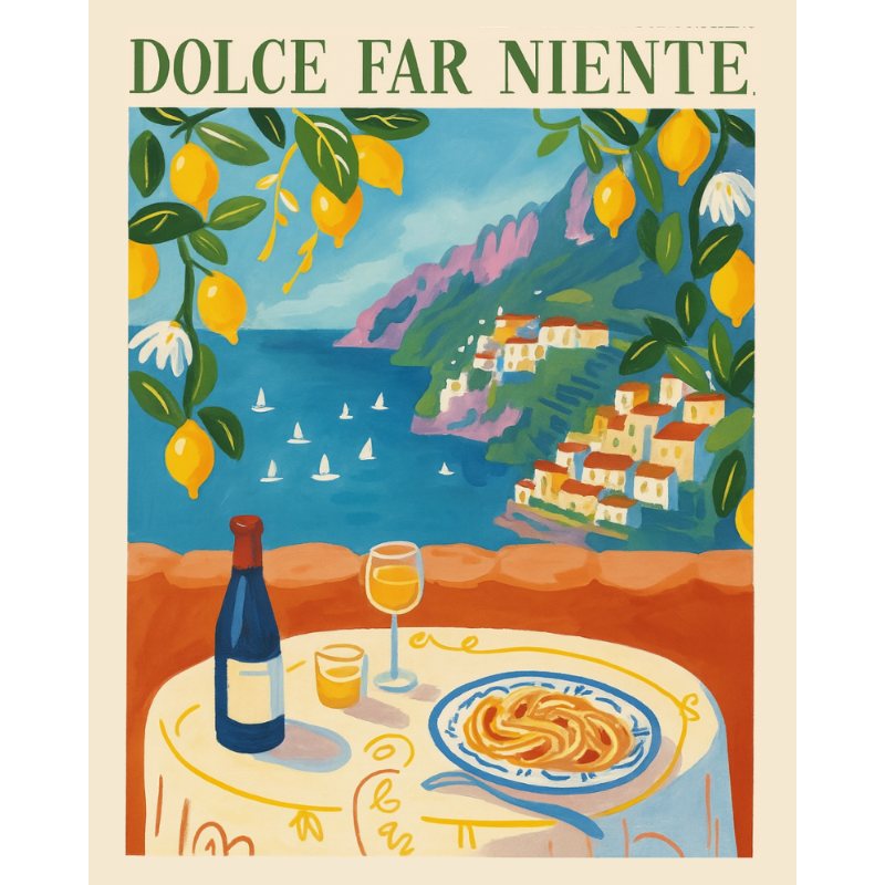 Poster with a coastal scene, lemon trees, and a table setting with pasta and wine.