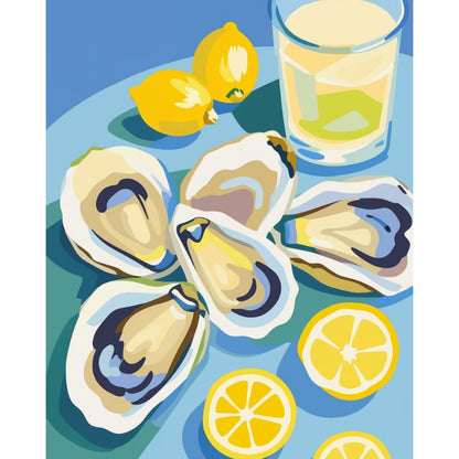 Paint by Numbers painting of oysters on a blue background with lemons and a glass of lemonade.