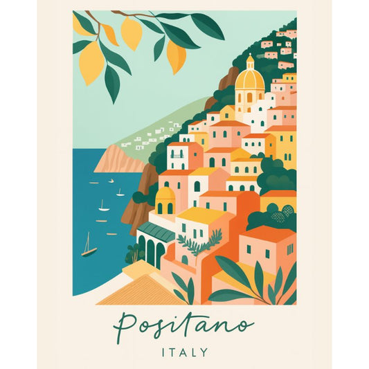 Paint by Numbers painting of Positano, Italy with colorful buildings and lemon trees.