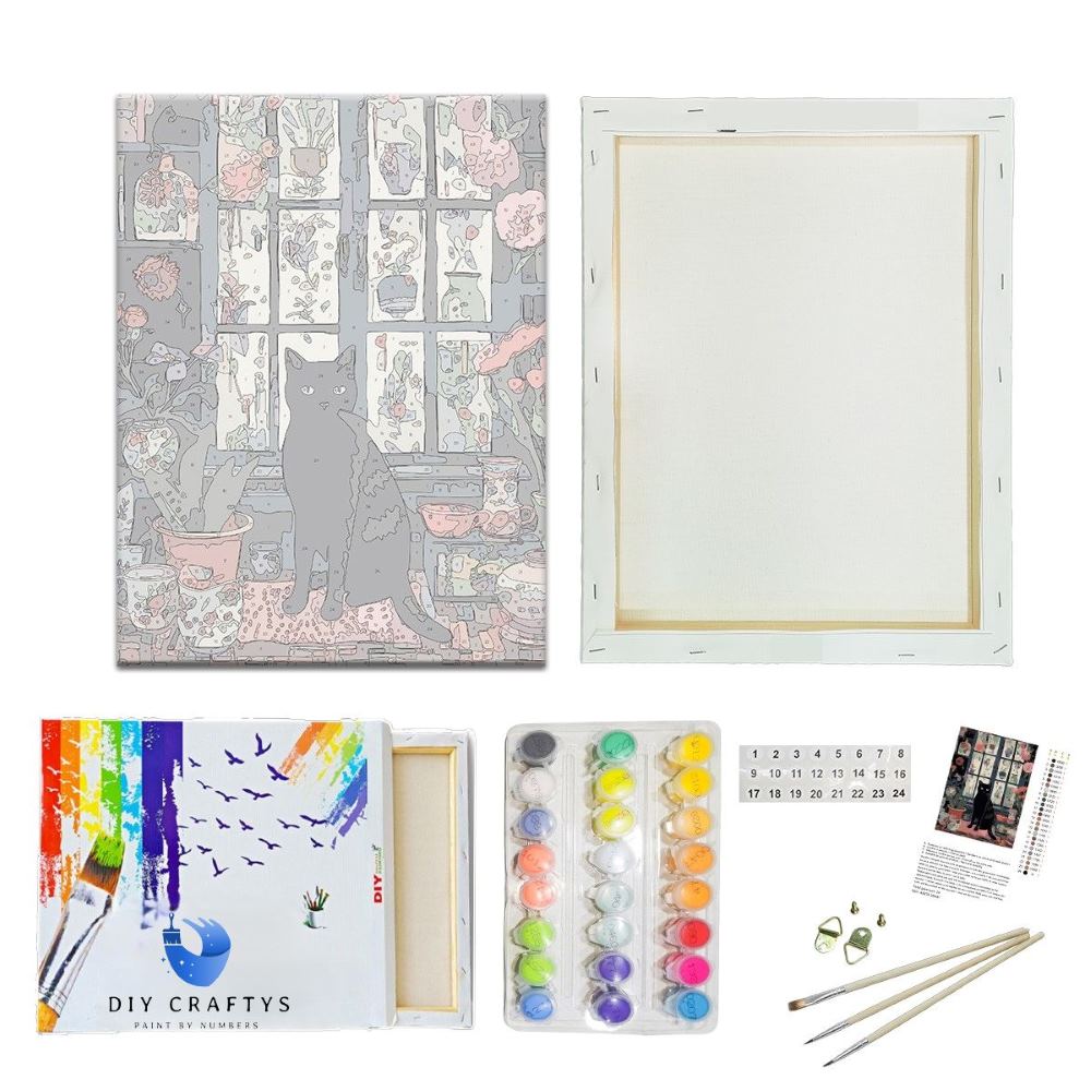 A Paint by Numbers Kit including a linen canvas with a pre-drawn image of a cat, a set of colorful pre-mixed acrylic paints, numbered color card, three nylon brushes, and a wooden frame option.