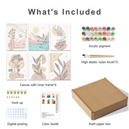 Artistic product set with acrylic pigments, brushes, canvas, and packaging on a white background.