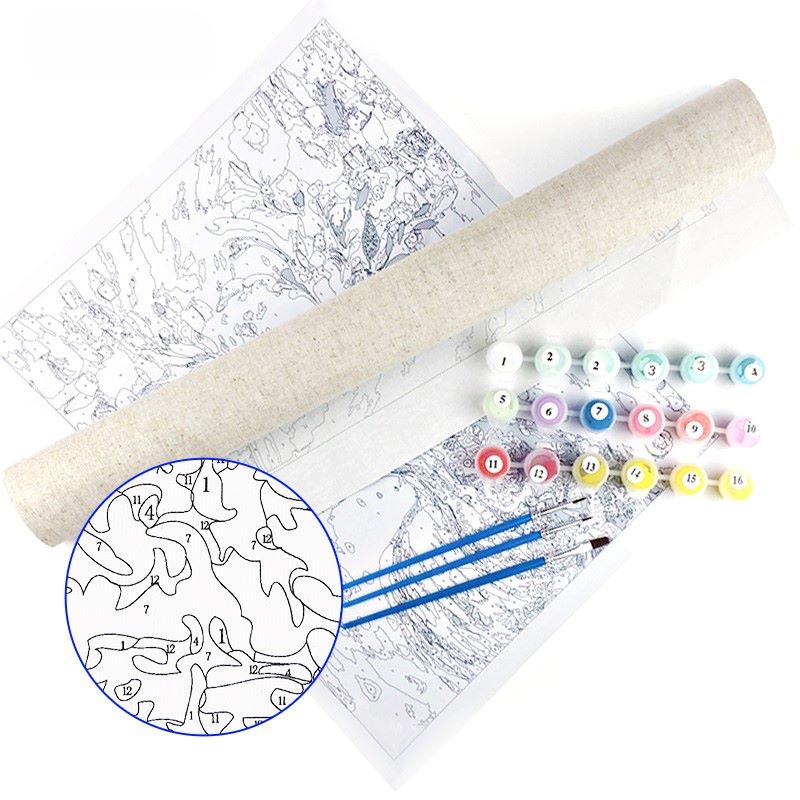 A paint by numbers kit displayed, including a canvas with numbers, a rolling pin, and multiple colored paints.