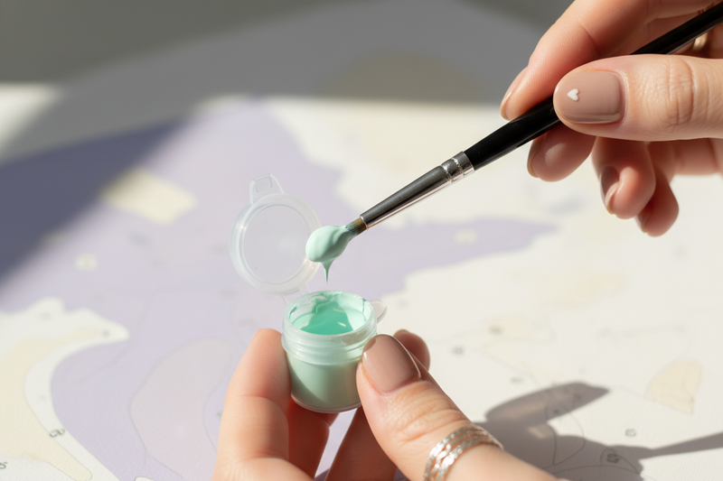 Paint pot close-up (tweaked details)
“Close-up macro of a hand lifting a dollop of pastel mint-green acrylic from a tiny flip-top paint pot with a fine round brush. Brush has a sleek black handle and chrome ferrule. Hand has matte nude nails with a tiny white heart on the ring finger, wearing a thin gold band and a braided silver ring. Background: softly blurred paint-by-numbers canvas with pale lavender/cream shapes and faint gray numbers. Natural soft daylight, shallow depth of field, minimal aesthetic