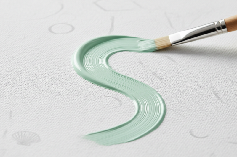 Stroke on numbered canvas (tweaked details)
“Extreme close-up of a smooth S-shaped stroke of pale seafoam acrylic on a textured white canvas (visible weave). Wooden brush handle with silver ferrule, tip gently pulling paint. Faint light-gray numbers and outlines; a subtle seashell outline in the lower left. Bright diffused studio light with soft shadow, crisp focus on paint ridge